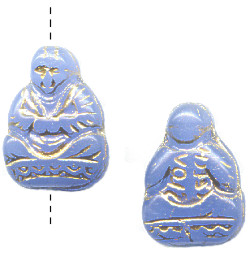 10x15mm Opaque Cornflower Blue w/Gold Etch Pressed Glass BUDDHA Beads