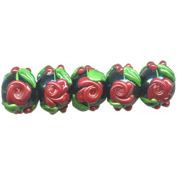 10x12mm *Red Roses on Black* Floral Lampwork RONDELLE Beads - Heather Davis