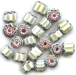 6x8mm White, Green & Red Glass Chevron CYLINDER Beads