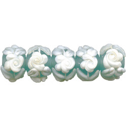 9x11mm *Antique Ivory on Turquoise Cameo Roses* Floral Lampwork RONDELL Beads - Heather Davis