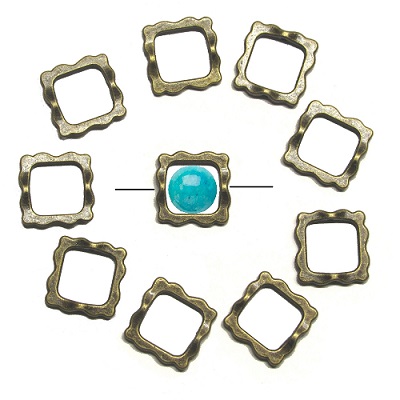 14x14mm RUFFLED SQUARE Brass BEAD FRAMES for 10mm Bead: Antiqued Brass