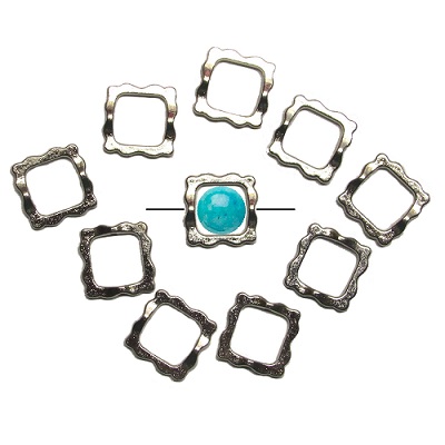 14x14mm RUFFLED SQUARE Brass BEAD FRAMES for 10mm Bead: Nickel Silver
