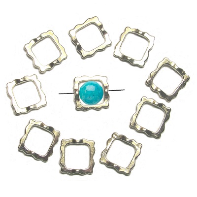 14x14mm RUFFLED SQUARE Brass BEAD FRAMES for 10mm Bead: Bright Silvertone