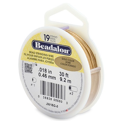 BEADALON™ 19-Strand .018" (0.46MM diameter) 30 ft (9.2m) BEAD STRINGING WIRE: Gold