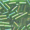 1/16" x 3/16" (4mm) BUGLE BEADS: Trans. Emerald Irid.