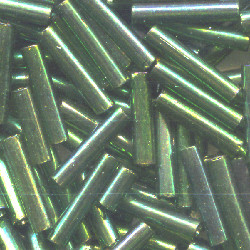 1/16" x 3/8" (9mm) BUGLE BEADS: Transl. Willow Green, Gold Luster