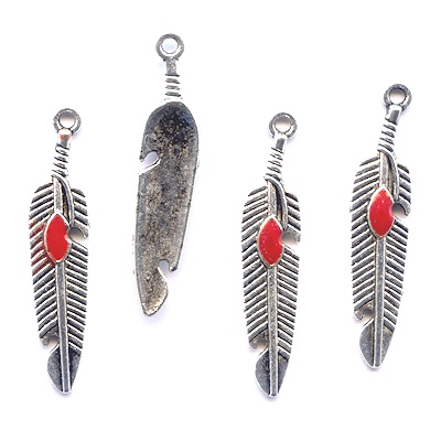 6x27mm Tibetan Silver (Alloy) FEATHER CHARMS with Enameled Accent-Red