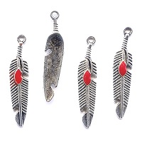 6x27mm Tibetan Silver (Alloy) FEATHER CHARMS with Enameled Accent-Red