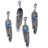6x27mm Tibetan Silver (Alloy) FEATHER CHARMS with Enameled Accent-Turquoise