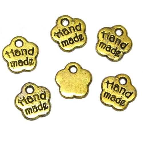 8mm "HAND MADE" Jewelry Tag Charms, Flower - Antique Gold Tone