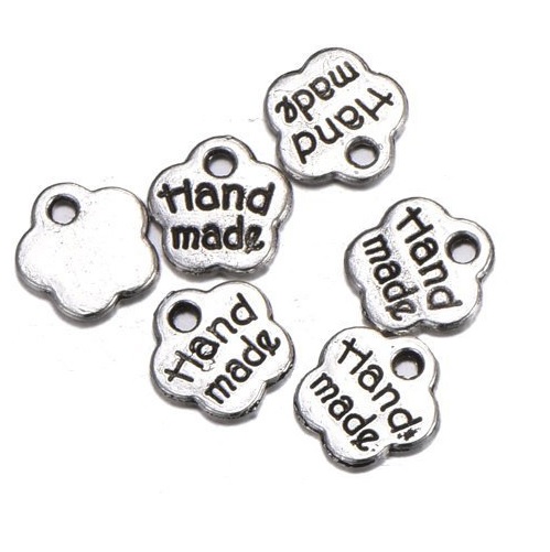 8mm "HAND MADE" Jewelry Tag Charms, Flower - Silver Tone
