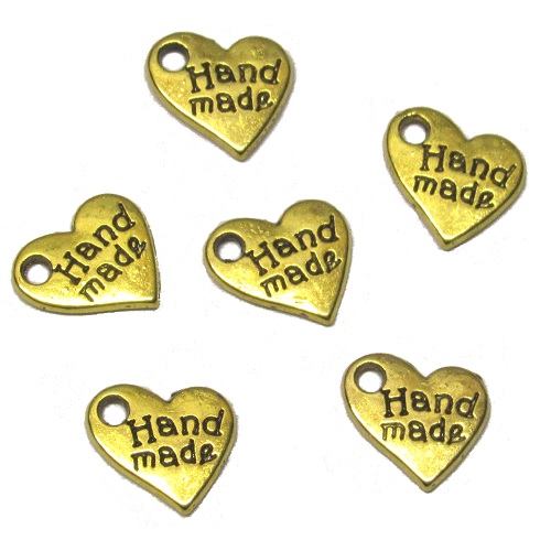 9mm "HAND MADE" Jewelry Tag Charm, Heart - Gold Tone