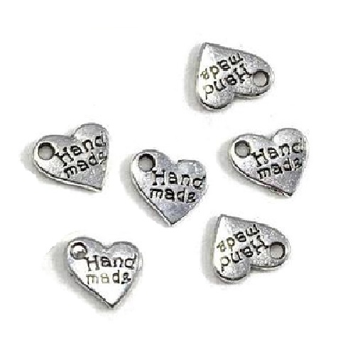 9mm "HAND MADE" Jewelry Tag Charm, Heart - Silver Tone