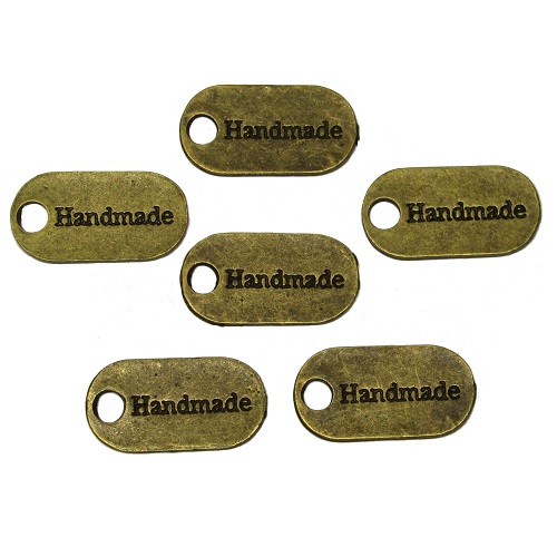 11x23mm "HAND MADE" Large Jewelry Tag Charms, Oval - Antiqued Bronze Tone