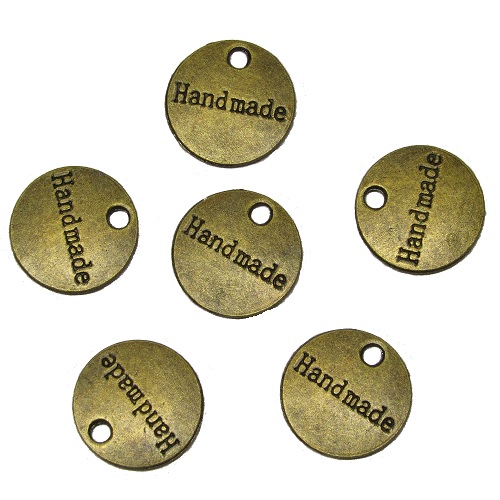 14mm "HAND MADE" Jewelry Tag Charms, Double-Sided, Round - Antiqued Bronze Tone
