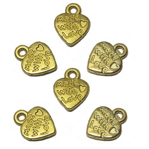 10x13mm "MADE WITH LOVE* Goldtone Cast Pewter Jewelry Tag  / Heart Charms
