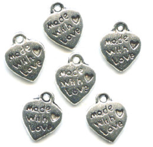 10x13mm *MADE WITH LOVE* Silvertone Cast Pewter Jewelry Tag  / Heart Charms