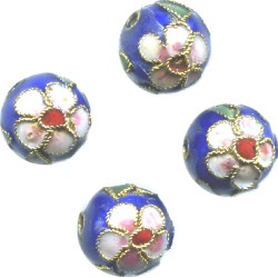 10mm Dark Blue w/ Pink Floral Cloisonne ROUND Beads