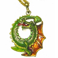 50x40mm Enameled Metal Water Dragon Pendant with Rhinestones & 24" Chain - Goldtone