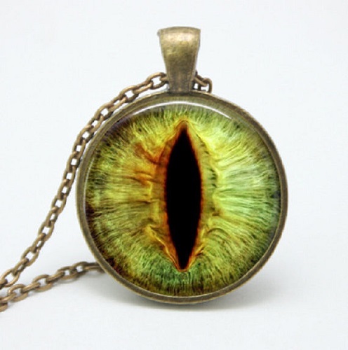 25mm Dia. Green Dragon/Cat's Eye Digital Art Pendant Necklace - Antiqued Bronze