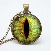 25mm Dia. Green Dragon/Cat's Eye Digital Art Pendant Necklace - Antiqued Bronze