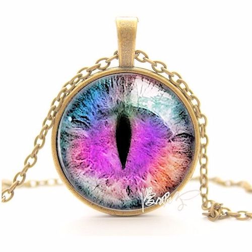25mm Dia. Purple Dragon/Cat's Eye Digital Art Pendant Necklace - Antiqued Bronze