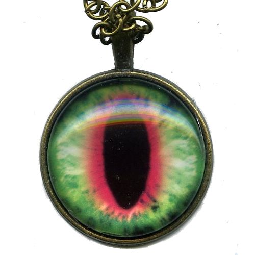 25mm Dia. Green & Red Dragon/Cat's Eye Digital Art Pendant Necklace - Antiqued Bronze