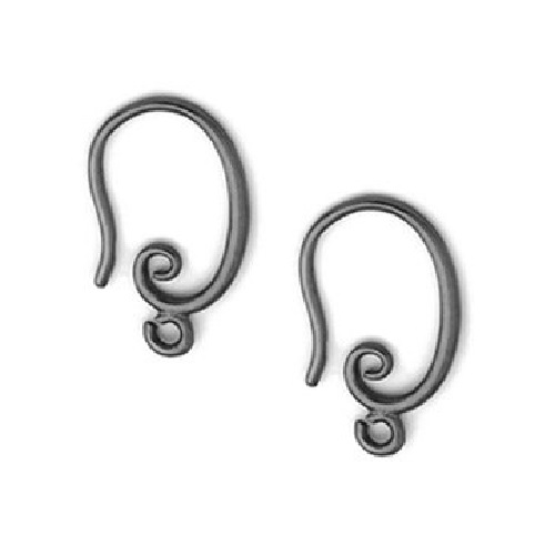9x16mm Plated Brass EAR HOOKS, Swirl with Bottom Loop - Gun Metal Black