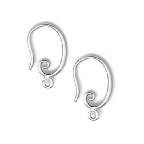 9x16mm Plated Brass EAR HOOKS, Swirl with Bottom Loop - Rhodium