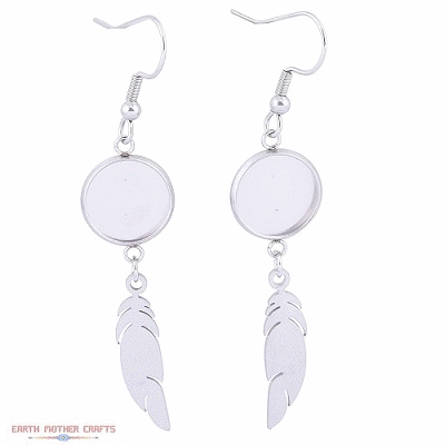 12mm Round BEZEL SETTING FEATHER EARRING Components, Silver-Plated