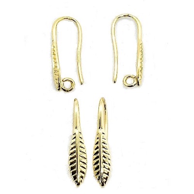 20.5mm x 18.5mm Feather / Leaf Design Ear Hooks with Back Loop: Goldtone