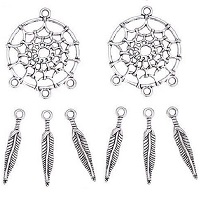 28mm Silver-Tone Metal Dreamcatcher EARRING HOOPS & DROPS Kit - Silver Feather