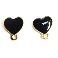 10x12mm Enameled & Gold Plated HEART-Shaped Alloy EARRING POST & CLUTCH Components With Loop ~ Black