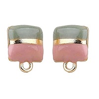 10x13mm Enameled Mosiac & Gold Plated SQUARE-Shaped EARRING POST & CLUTCH Components With Loop ~ Sage Green & Pink