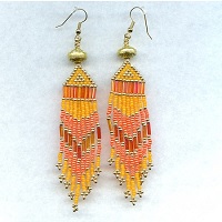 Gold Plated Wire Hook Earrings: Seed Bead Fringed Dangles ~ Tangerine & Gold