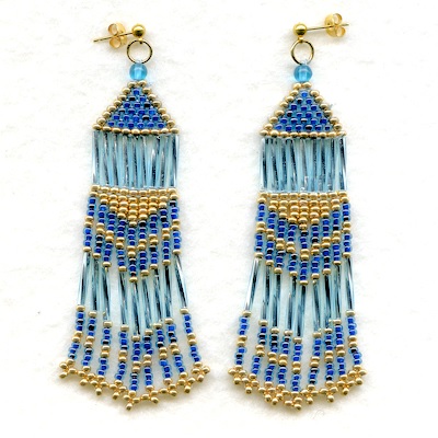 Gold Plated Post Back Earrings: Seed Bead Fringed Dangles ~ Blue & Gold