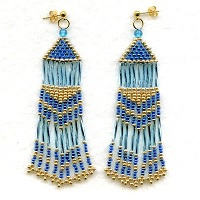 Gold Plated Post Back Earrings: Seed Bead Fringed Dangles ~ Blue & Gold