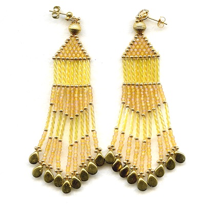 Gold Plated Post Back Earrings: Glass Bead Fringed Dangles ~ Gold
