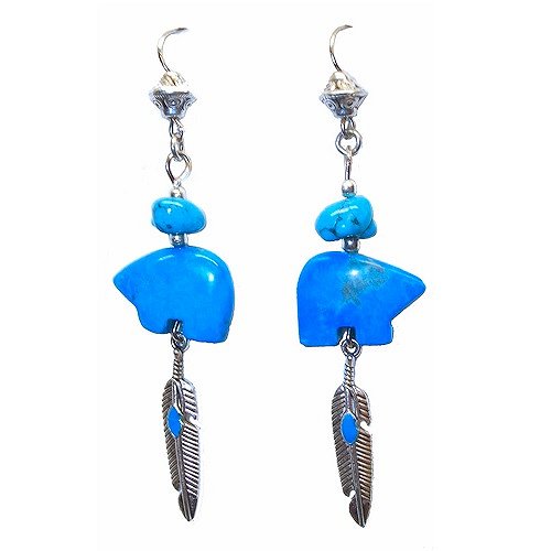 Wire Hook Earrings: Native Style Zuni Bear Fetish Dangles ~ Chalk Turquoise & Turquoise-Dyed Howlite