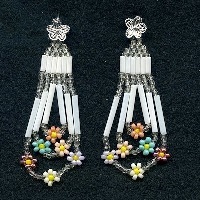 Silver Plated Floral Design Wire Hook Earrings: Floral Seed Bead Looped Dangles