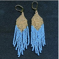 Gold Plated Leverback Earrings: Seed Bead Fringed Dangles ~ Turquoise & Gold