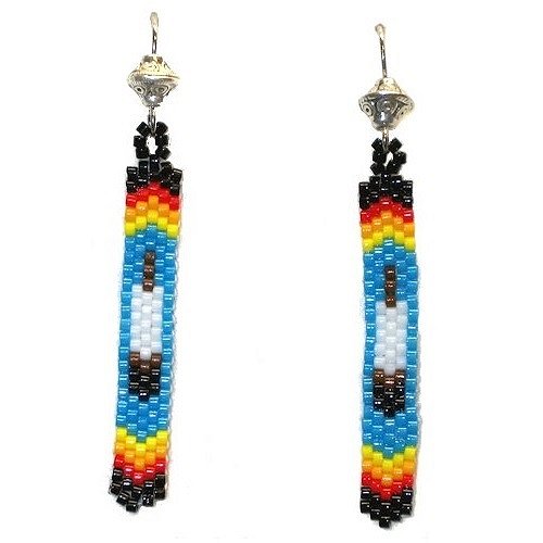 Tibetan Silver Shepherd Hook Earrings: Native Ameican Style Delica Bead Panel Drops ~ Native Feathers