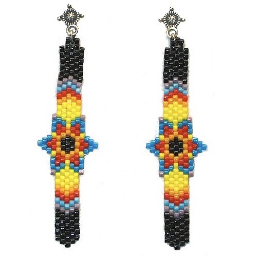 Tibetan Silver Post Back Earrings: Native American Style Delica Bead Panel Drops ~ Morning Star