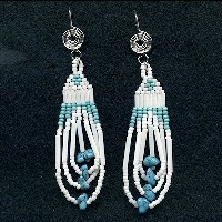 Silver Plated Spiral Design Wire Hook Earrings:  Seed Bead & Turquoise Stone Looped Dangles