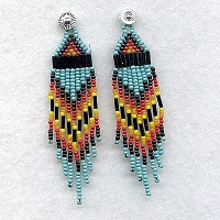 Silver Plated Southwest Sunset Design Wire Hook Earrings:  Seed Bead Fringed Dangles