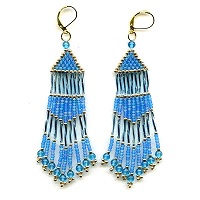 Gold Plated Leverback Earrings: Glass Bead Fringed Dangles ~ Blue & Gold
