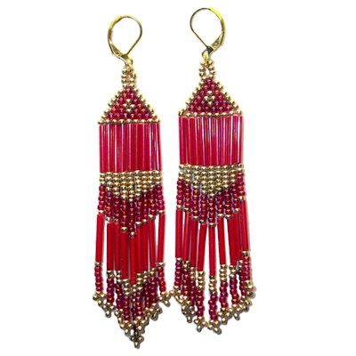 Gold Plated Leverback Earrings: Seed Bead Fringed Dangles ~ Crimson & Gold