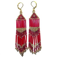 Gold Plated Leverback Earrings: Seed Bead Fringed Dangles ~ Crimson & Gold