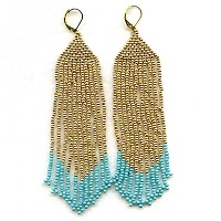 Gold Plated Leverback Earrings: Seed Beed Fringed Dangles ~ Gold & Turquoise
