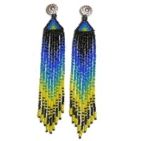 Silver Plated Tribal Sun Design Wire Hook Earrings: Micro Seed Bead Fringed Dangles